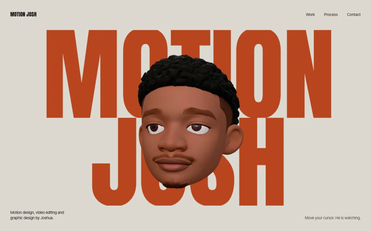 V1: giant rust MOTION JOSH lettering on paper with the 3D Josh head in front
