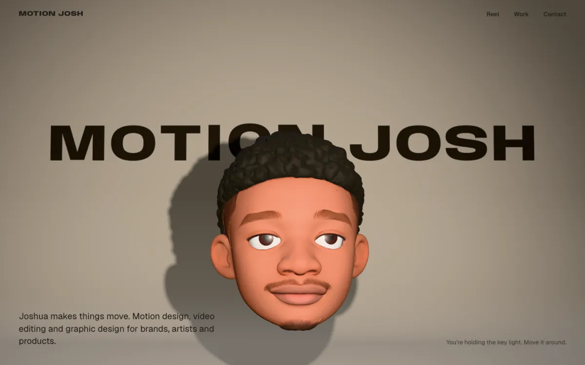 V2: Josh's head in a lit 3D photo studio with MOTION JOSH painted on the wall