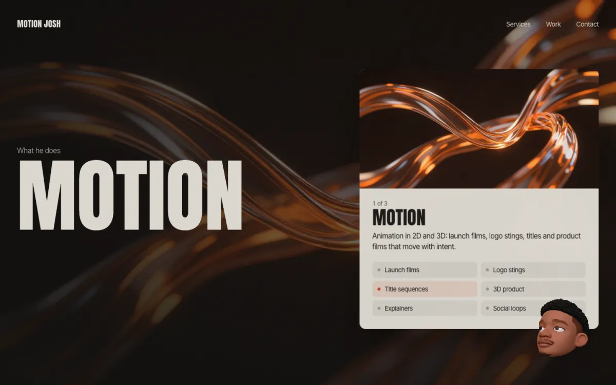V3: dark page with a full-bleed photo and a service card for Motion